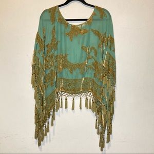 Vintage 1920s Blue Green Sequin Tassel Poncho OS